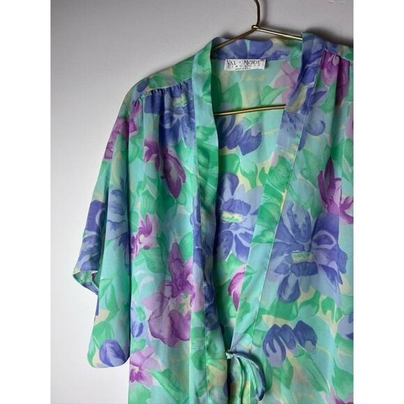 Val Mode Kimono Robe Purple Floral with Belt Short Sleeve Polyester Medium - Picture 9 of 10